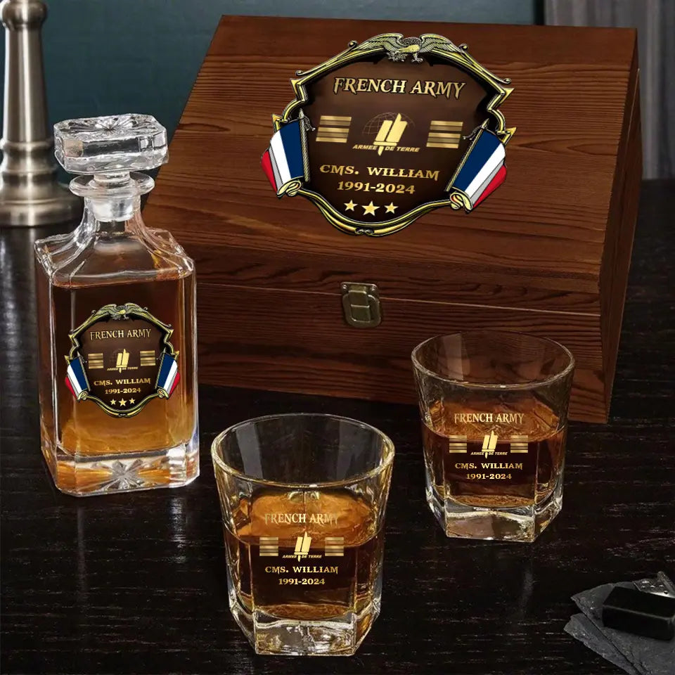 Personalized French Veteran Branch Logo Rank Gold Custom Name & Time Decanter Set with Glasses printed AHVA241425