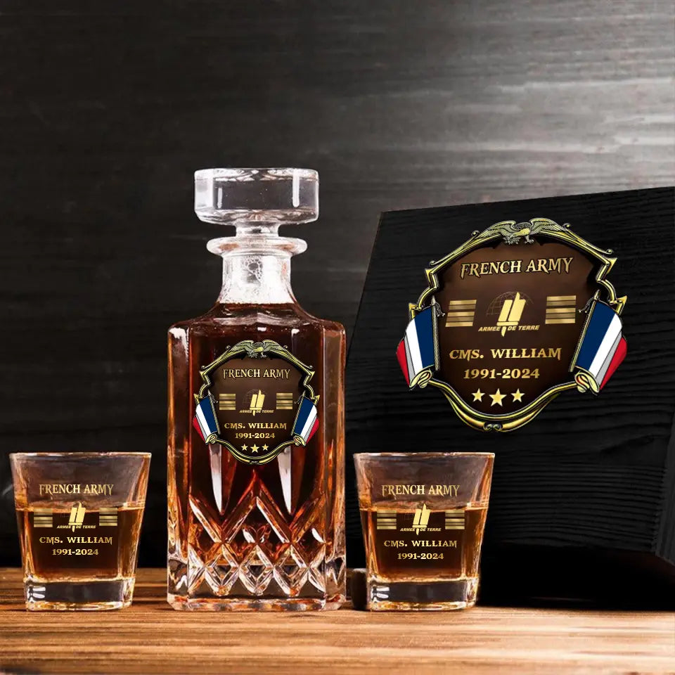 Personalized French Veteran Branch Logo Rank Gold Custom Name & Time Decanter Set with Glasses printed AHVA241425