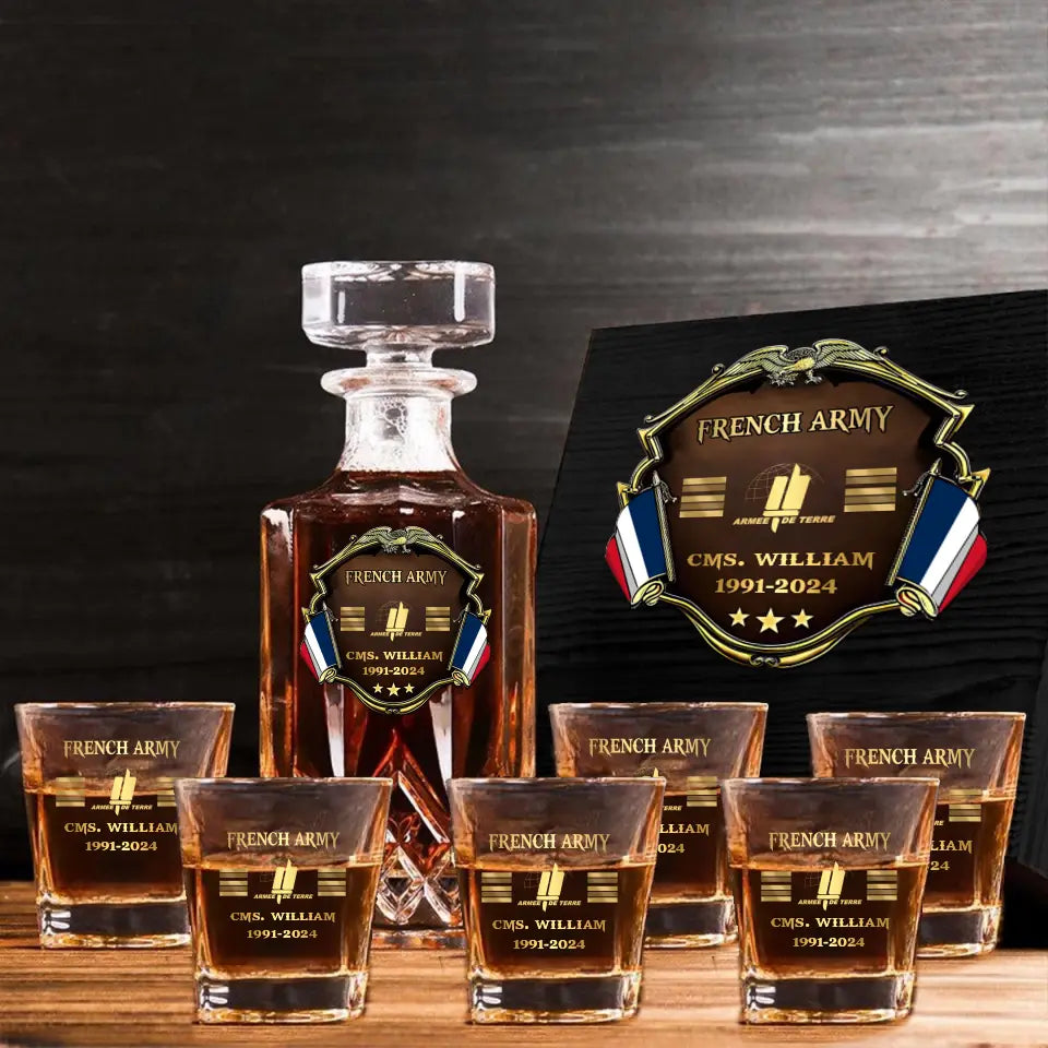 Personalized French Veteran Branch Logo Rank Gold Custom Name & Time Decanter Set with Glasses printed AHVA241425