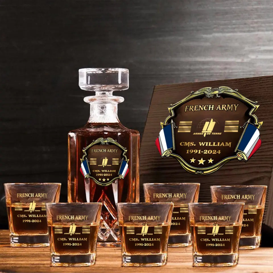 Personalized French Veteran Branch Logo Rank Gold Custom Name & Time Decanter Set with Glasses printed AHVA241425
