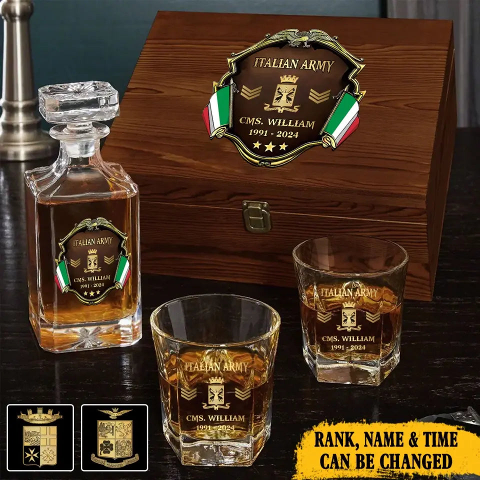 Personalized Italian Veteran Army Logo Rank Gold Custom Name & Time Decanter Set With Glasses Printed AHVA241480