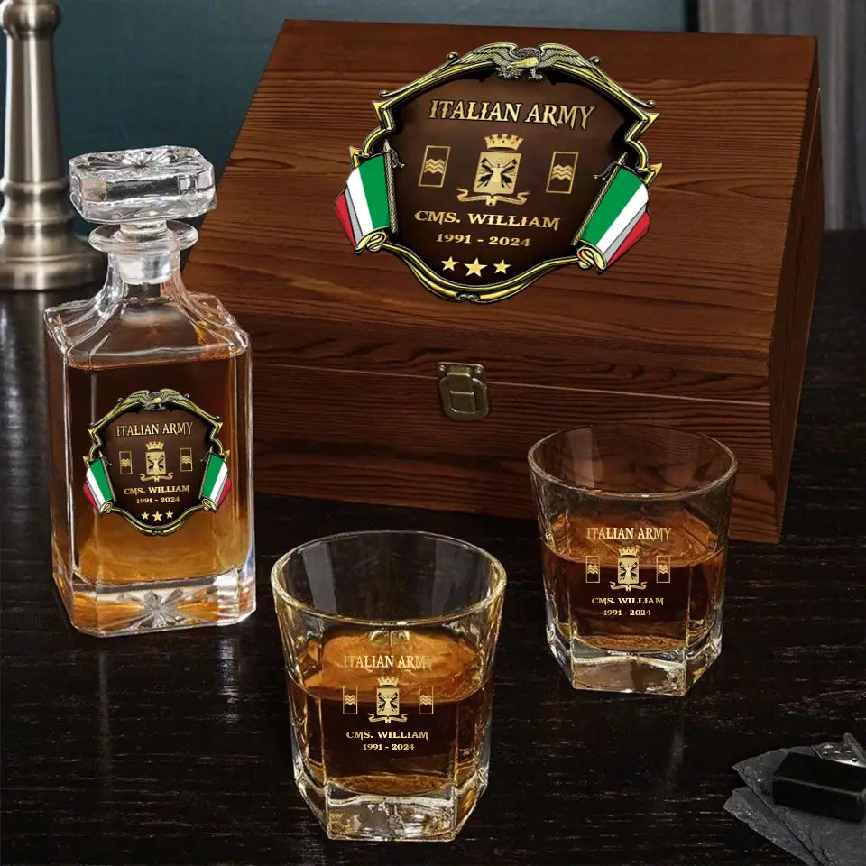 Personalized Italian Veteran Army Logo Rank Gold Custom Name & Time Decanter Set With Glasses Printed AHVA241480