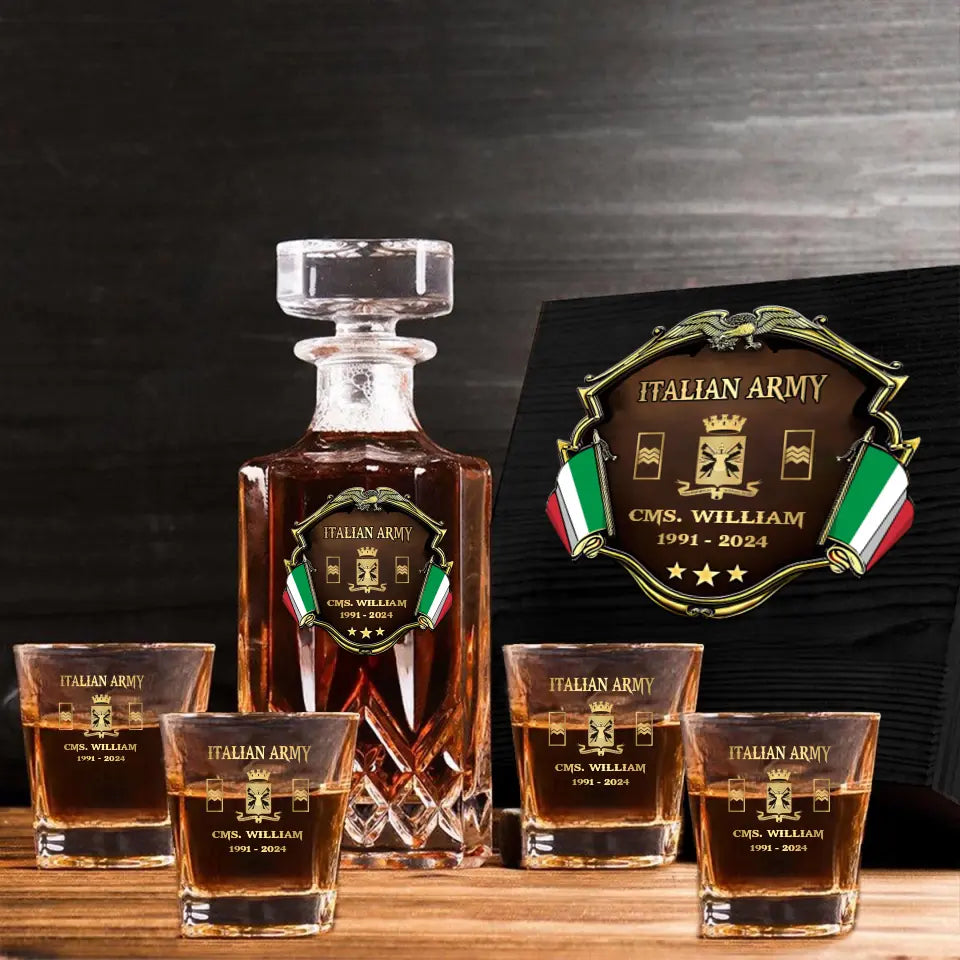 Personalized Italian Veteran Army Logo Rank Gold Custom Name & Time Decanter Set With Glasses Printed AHVA241480