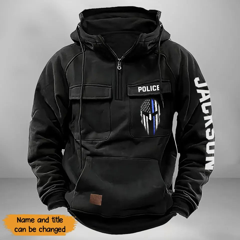 Personalized Blue Line Punisher Skull US Police Custom Name American Retro Hooded Sweatshirt Printed QTKH241477