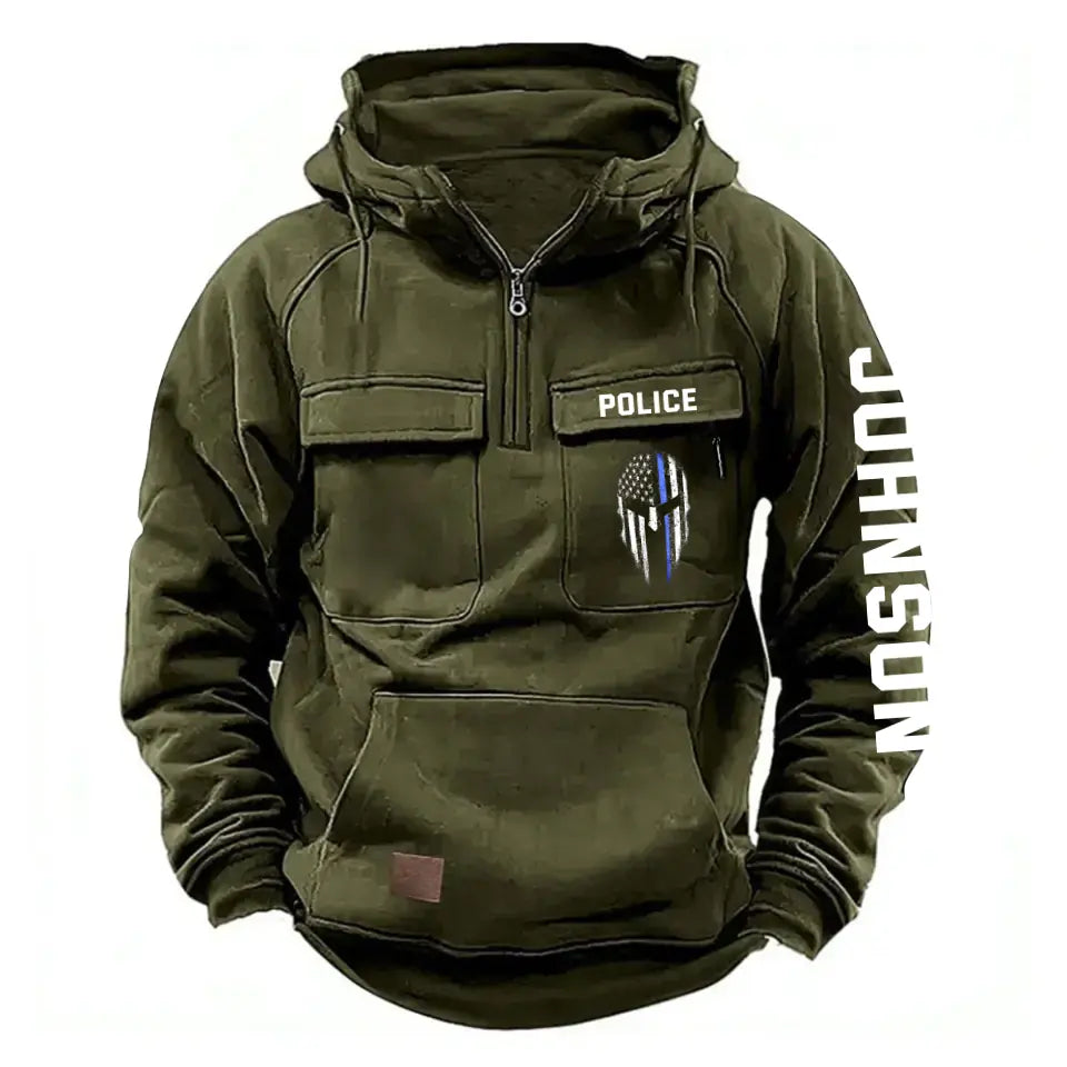 Personalized Blue Line Punisher Skull US Police Custom Name American Retro Hooded Sweatshirt Printed QTKH241477