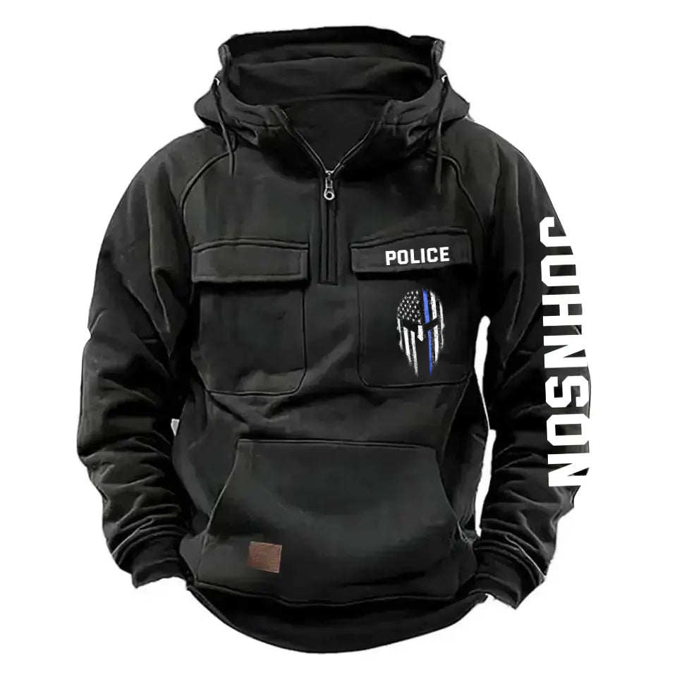 Personalized Blue Line Punisher Skull US Police Custom Name American Retro Hooded Sweatshirt Printed QTKH241477