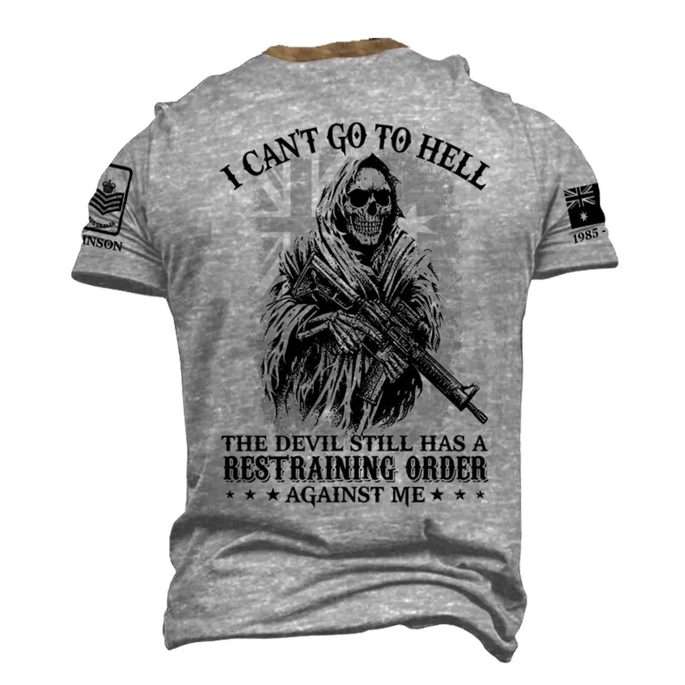 Personalized I Can't Go To Hell The Devil Still Has A Restraining Order Against Me Australian Veteran Lapel Button Men's Short Sleeves Neck Short Sleeve Button T shirt Printed AHVA241490