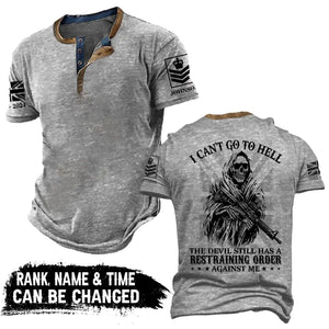 Personalized I Can't Go To Hell The Devil Still Has A Restraining Order Against Me UK Veteran Lapel Button Men's Short Sleeves Neck Short Sleeve Button T shirt Printed AHVA241490