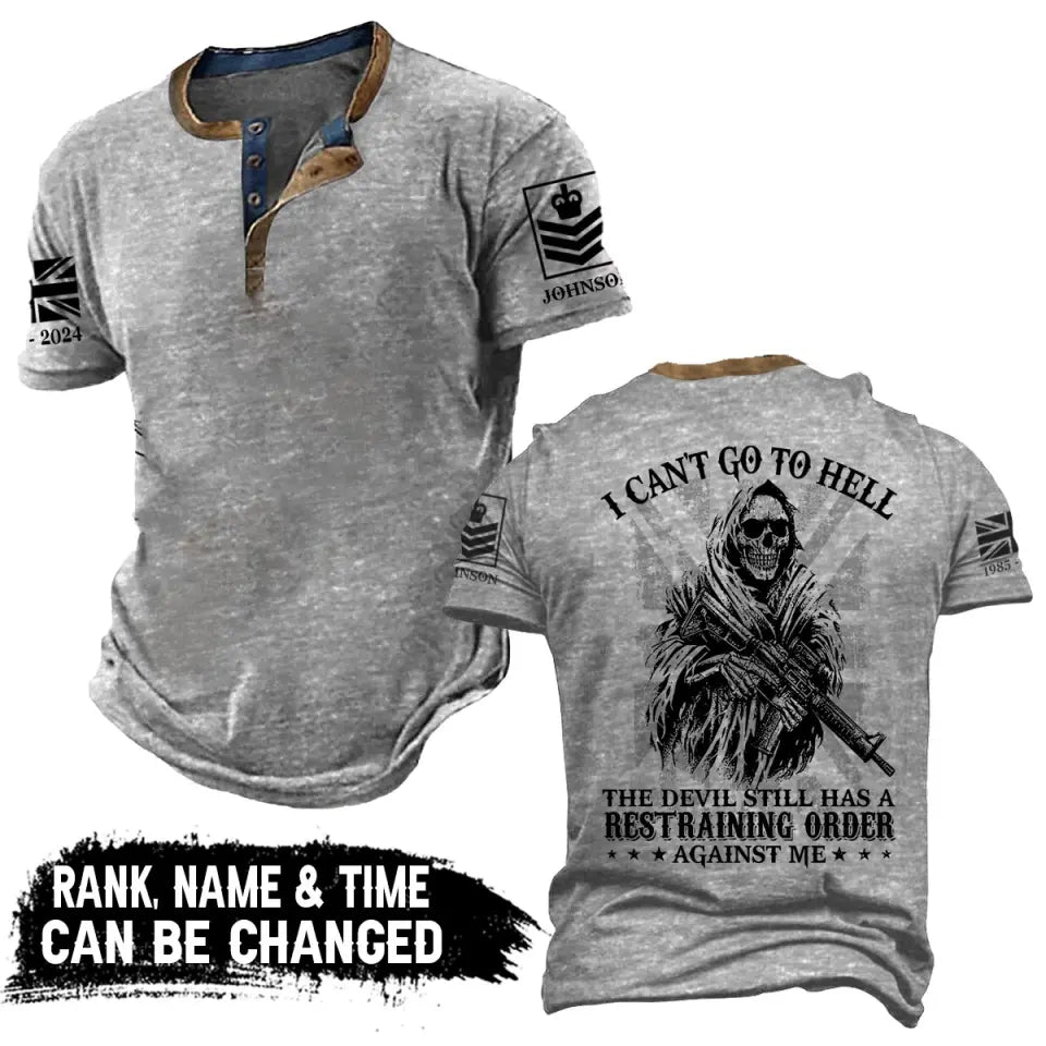 Personalized I Can't Go To Hell The Devil Still Has A Restraining Order Against Me UK Veteran Lapel Button Men's Short Sleeves Neck Short Sleeve Button T shirt Printed AHVA241490