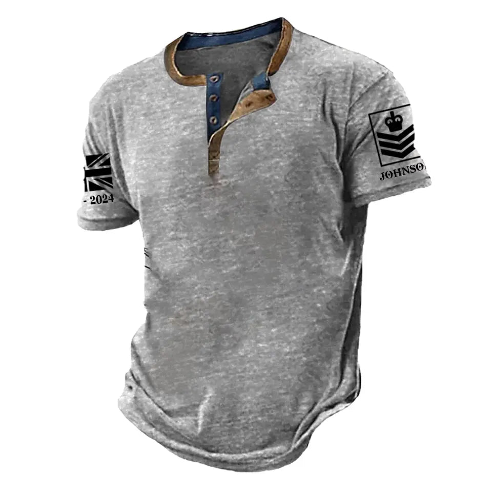 Personalized I Can't Go To Hell The Devil Still Has A Restraining Order Against Me UK Veteran Lapel Button Men's Short Sleeves Neck Short Sleeve Button T shirt Printed AHVA241490