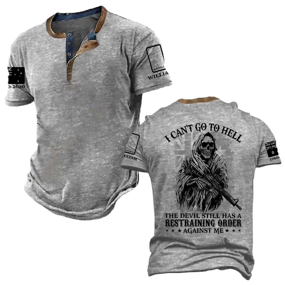 Personalized I Can't Go To Hell The Devil Still Has A Restraining Order Against Me Australian Veteran Lapel Button Men's Short Sleeves Neck Short Sleeve Button T shirt Printed AHVA241490