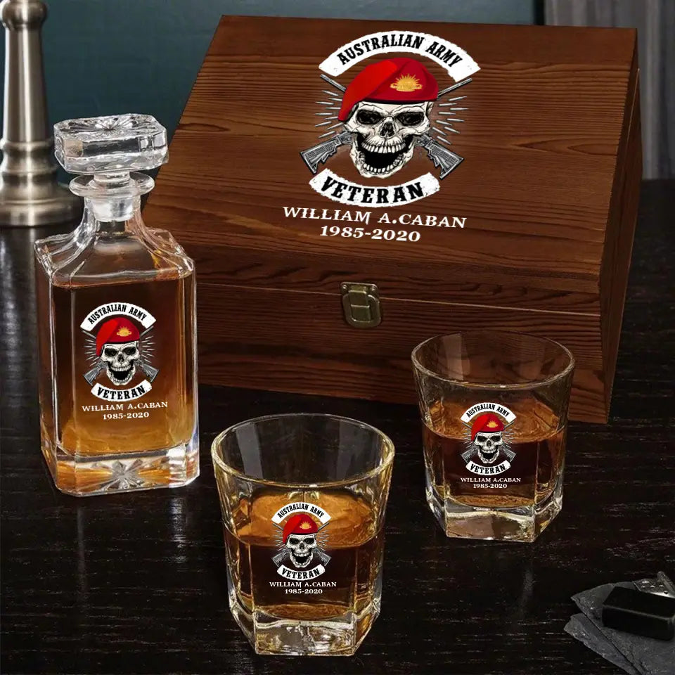 Personalized Australian Veteran Skull Logo Custom Name & Time Decanter Set With Glasses Printed AHVA241491
