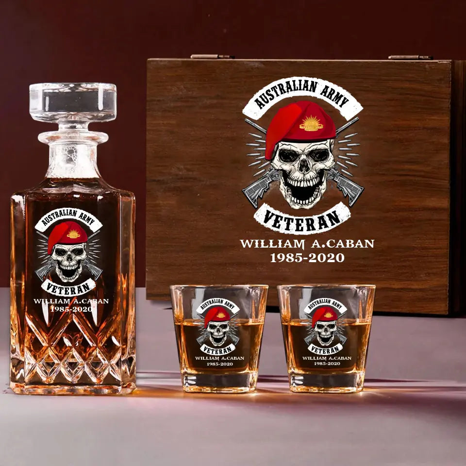 Personalized Australian Veteran Skull Logo Custom Name & Time Decanter Set With Glasses Printed AHVA241491