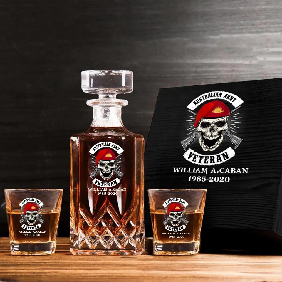 Personalized Australian Veteran Skull Logo Custom Name & Time Decanter Set With Glasses Printed AHVA241491