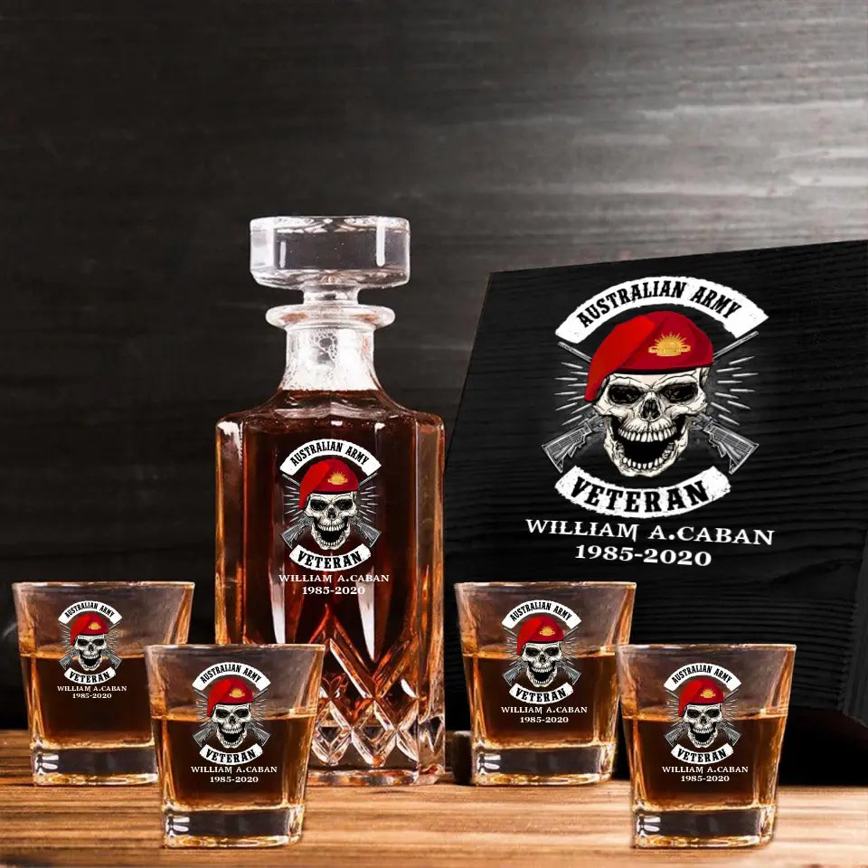 Personalized Australian Veteran Skull Logo Custom Name & Time Decanter Set With Glasses Printed AHVA241491