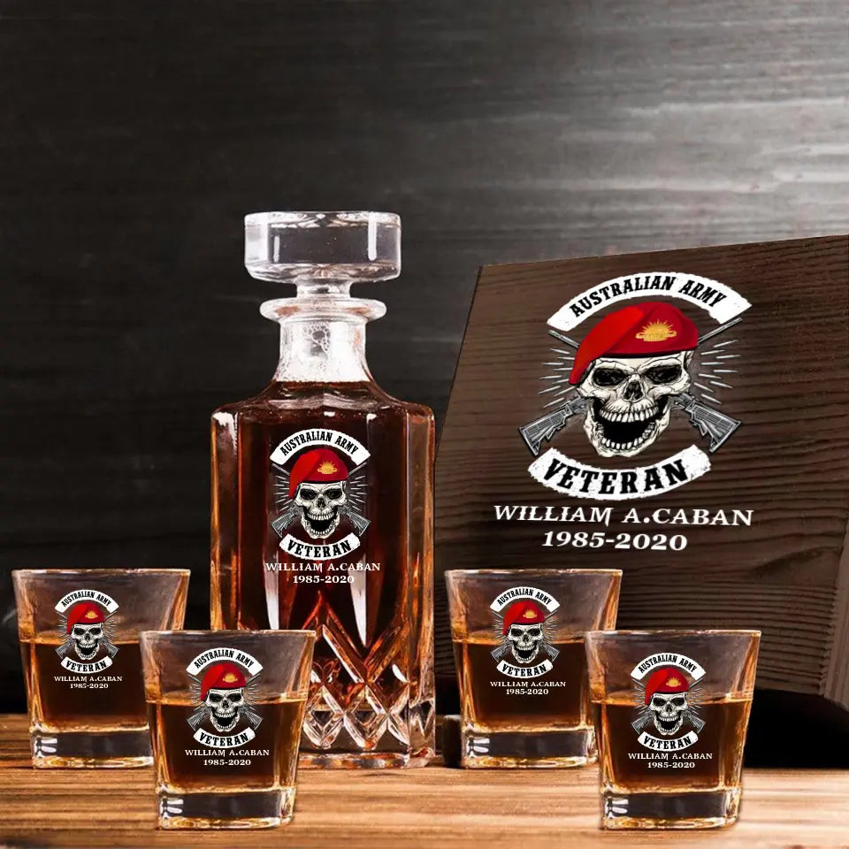 Personalized Australian Veteran Skull Logo Custom Name & Time Decanter Set With Glasses Printed AHVA241491