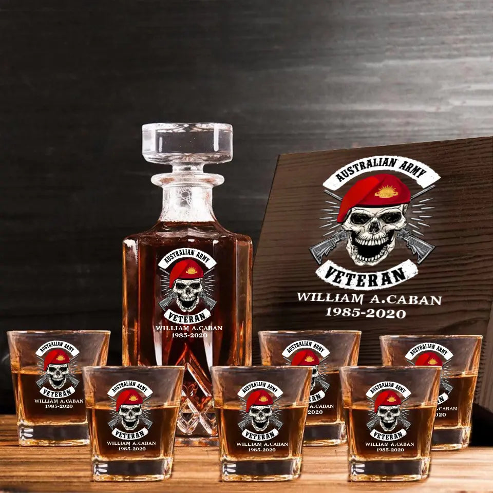 Personalized Australian Veteran Skull Logo Custom Name & Time Decanter Set With Glasses Printed AHVA241491