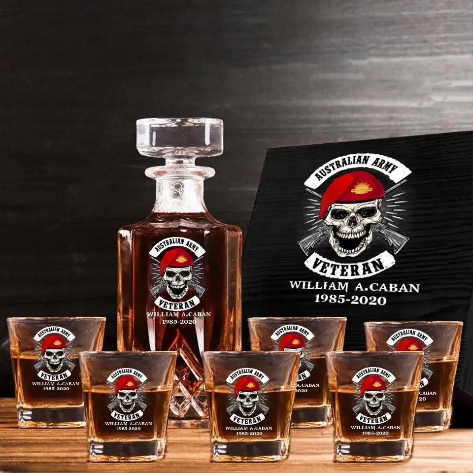 Personalized Australian Veteran Skull Logo Custom Name & Time Decanter Set With Glasses Printed AHVA241491