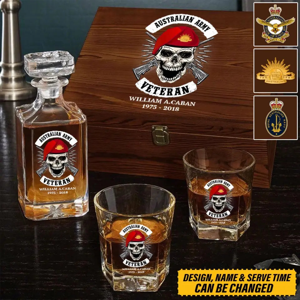 Personalized Australian Veteran Skull Logo Custom Name & Time Decanter Set With Glasses Printed AHVA241491