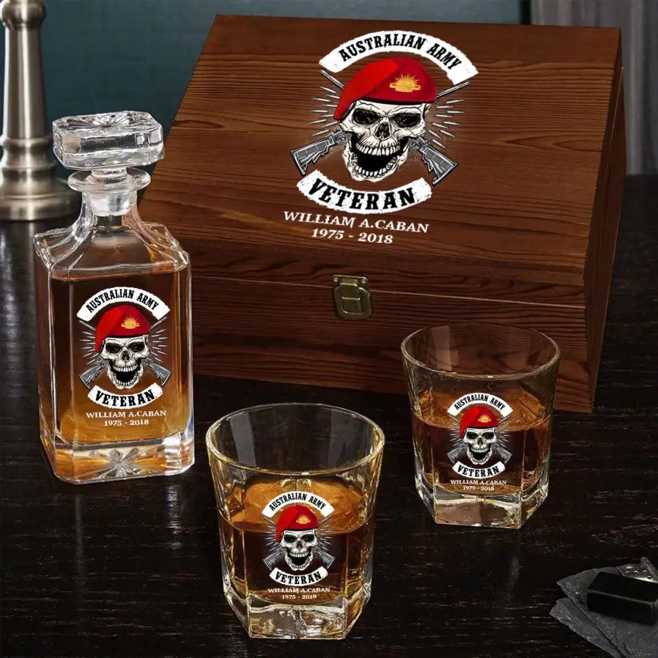 Personalized Australian Veteran Skull Logo Custom Name & Time Decanter Set With Glasses Printed AHVA241491