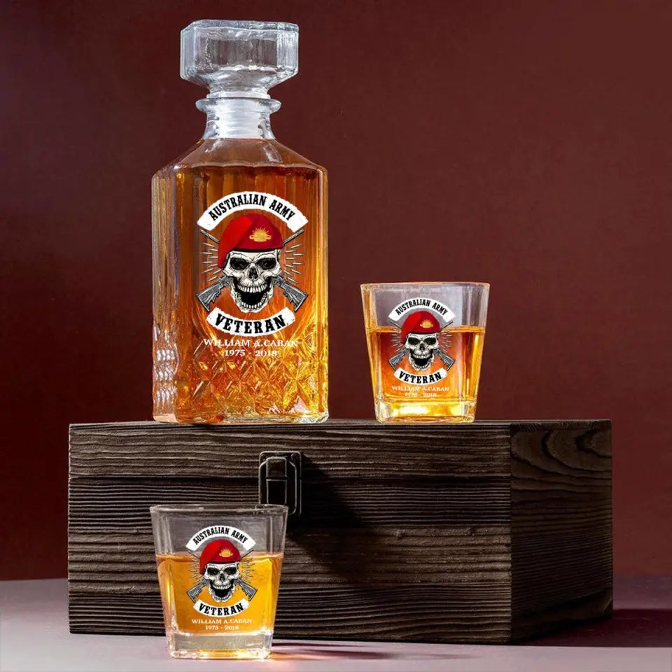 Personalized Australian Veteran Skull Logo Custom Name & Time Decanter Set With Glasses Printed AHVA241491