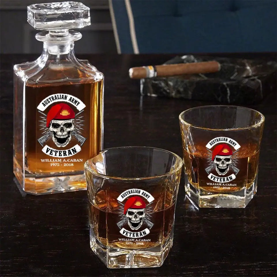 Personalized Australian Veteran Skull Logo Custom Name & Time Decanter Set With Glasses Printed AHVA241491