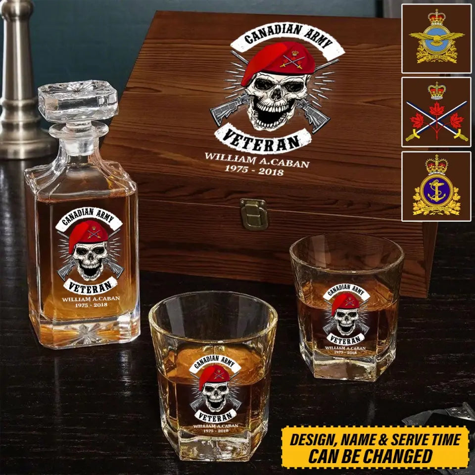 Personalized Canadian Veteran Skull Logo Custom Name & Time Decanter Set With Glasses Printed AHVA241491