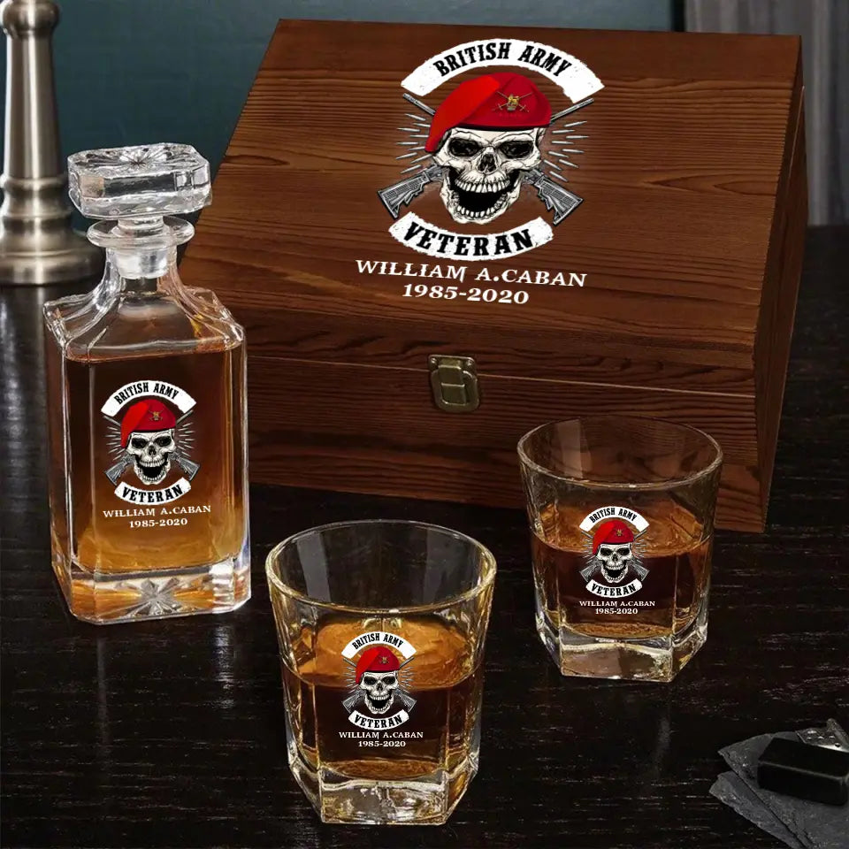 Personalized UK Veteran Skull Logo Custom Name & Time Decanter Set With Glasses Printed AHVA241491