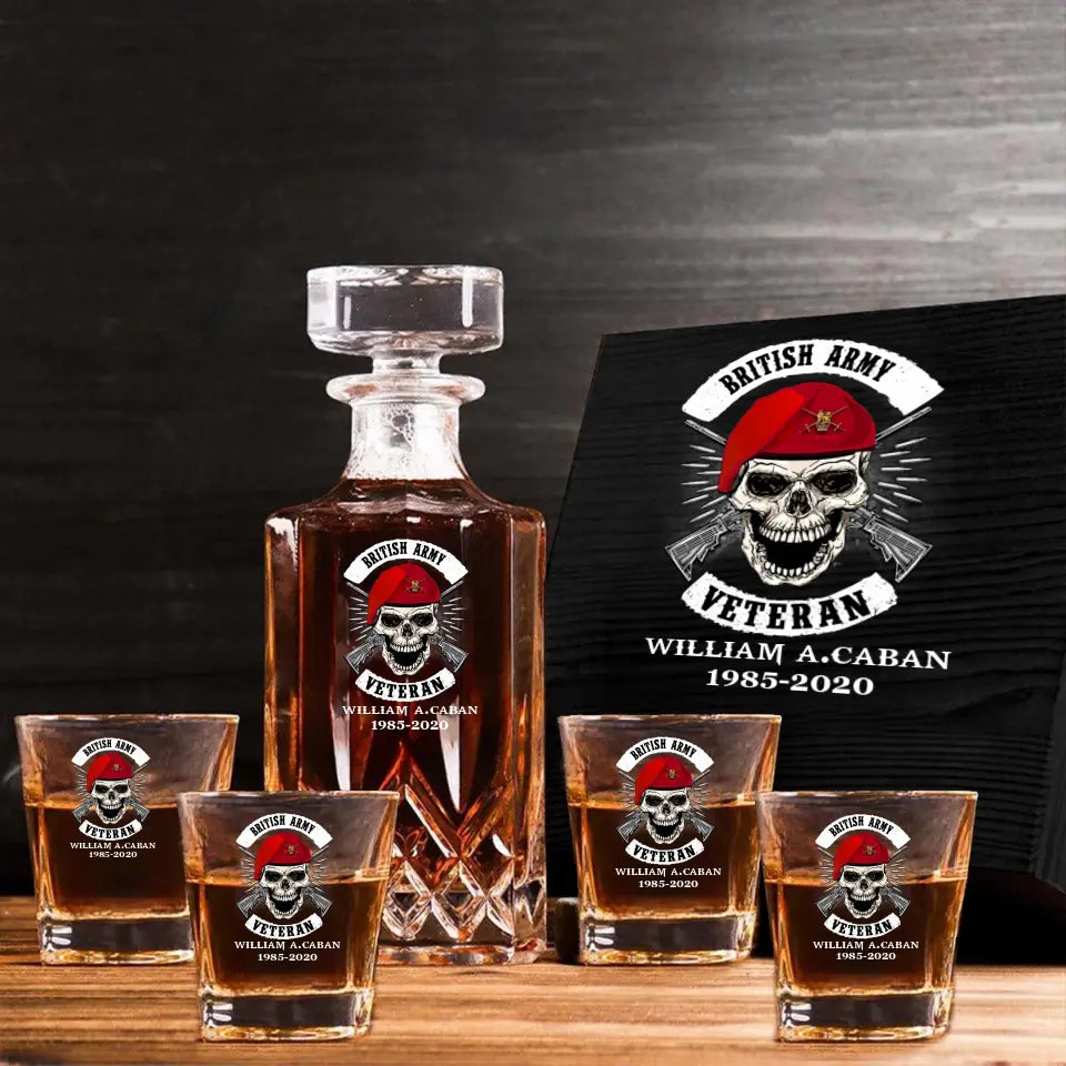 Personalized UK Veteran Skull Logo Custom Name & Time Decanter Set With Glasses Printed AHVA241491