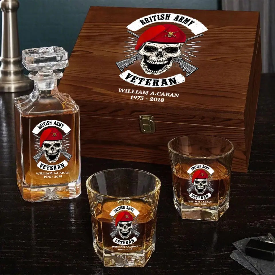 Personalized UK Veteran Skull Logo Custom Name & Time Decanter Set With Glasses Printed AHVA241491