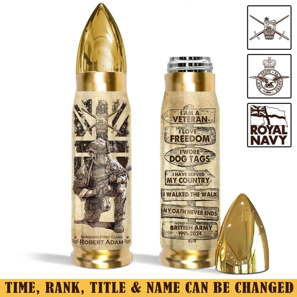 Personalized I'm a Veteran I Love Freedom I Wore Dog Tags I Have Served My Country I Walked The Walk British Army Bullet Tumbler Printed AHVA241515