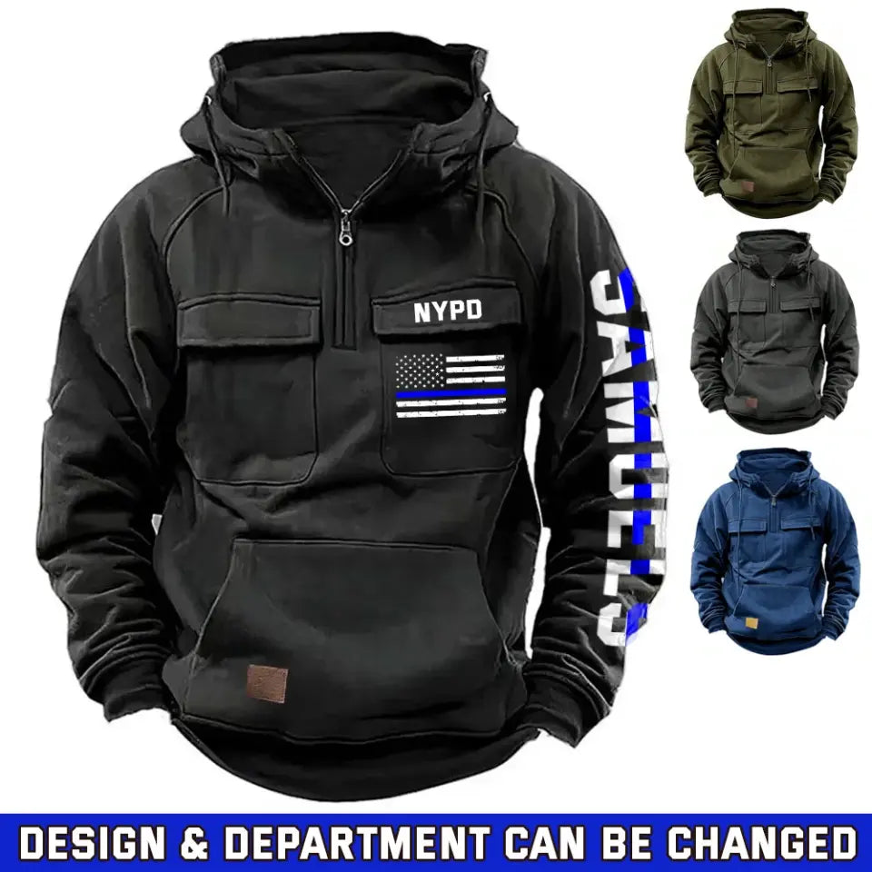 Personalized US Flag US Police Department Blue Line American Retro Hooded Sweatshirt Printed QTKH241521