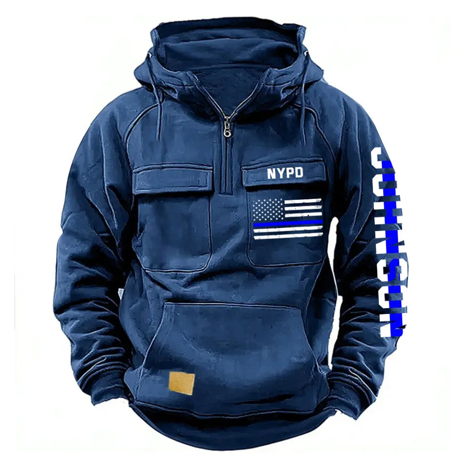Personalized US Flag US Police Department Blue Line American Retro Hooded Sweatshirt Printed QTKH241521