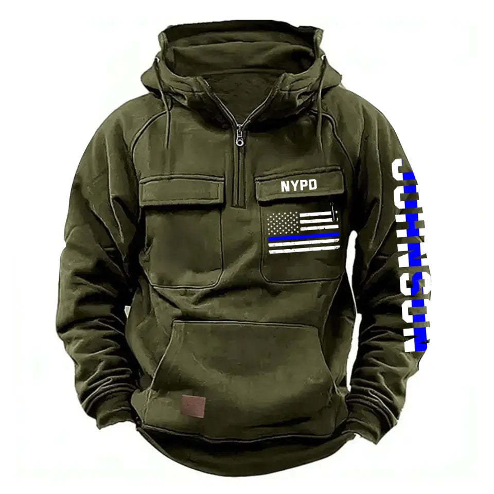 Personalized US Flag US Police Department Blue Line American Retro Hooded Sweatshirt Printed QTKH241521