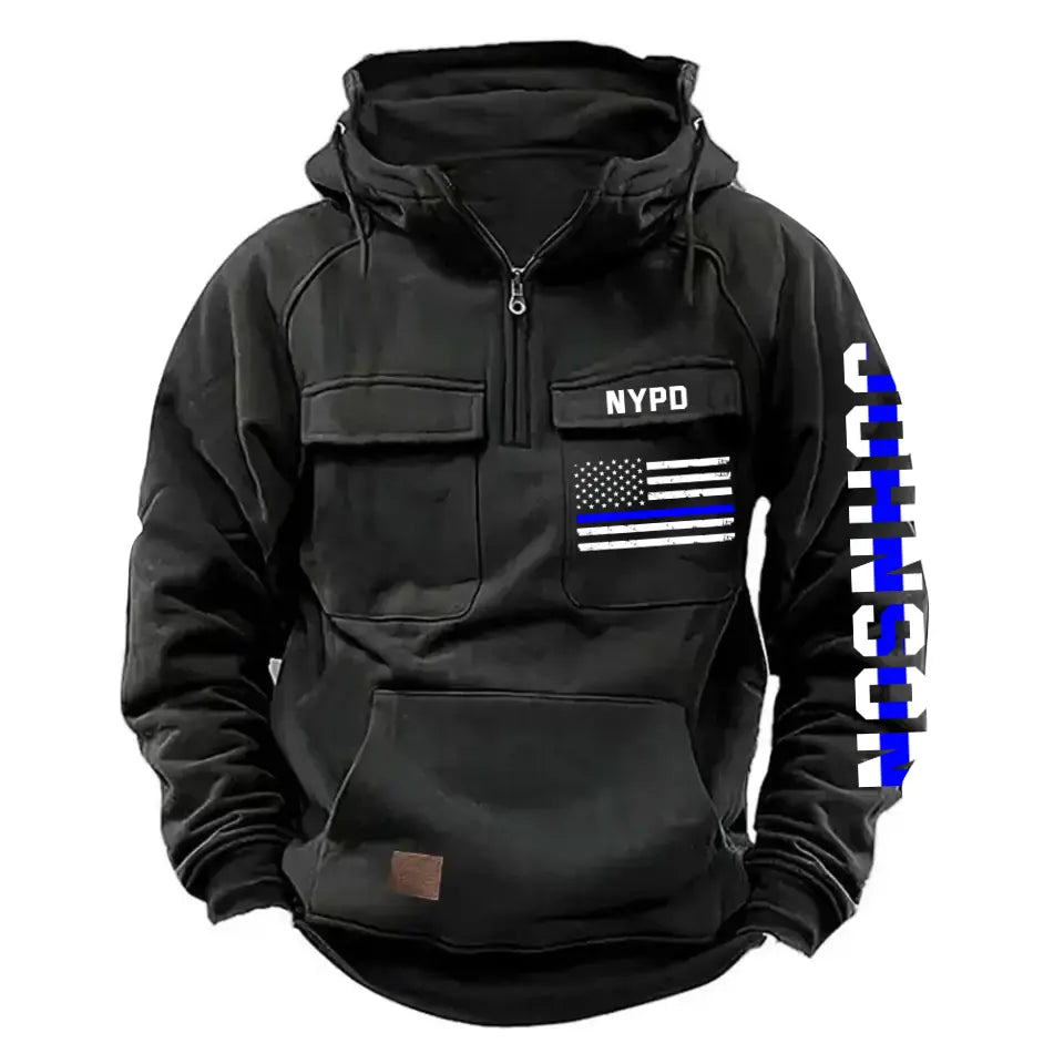 Personalized US Flag US Police Department Blue Line American Retro Hooded Sweatshirt Printed QTKH241521