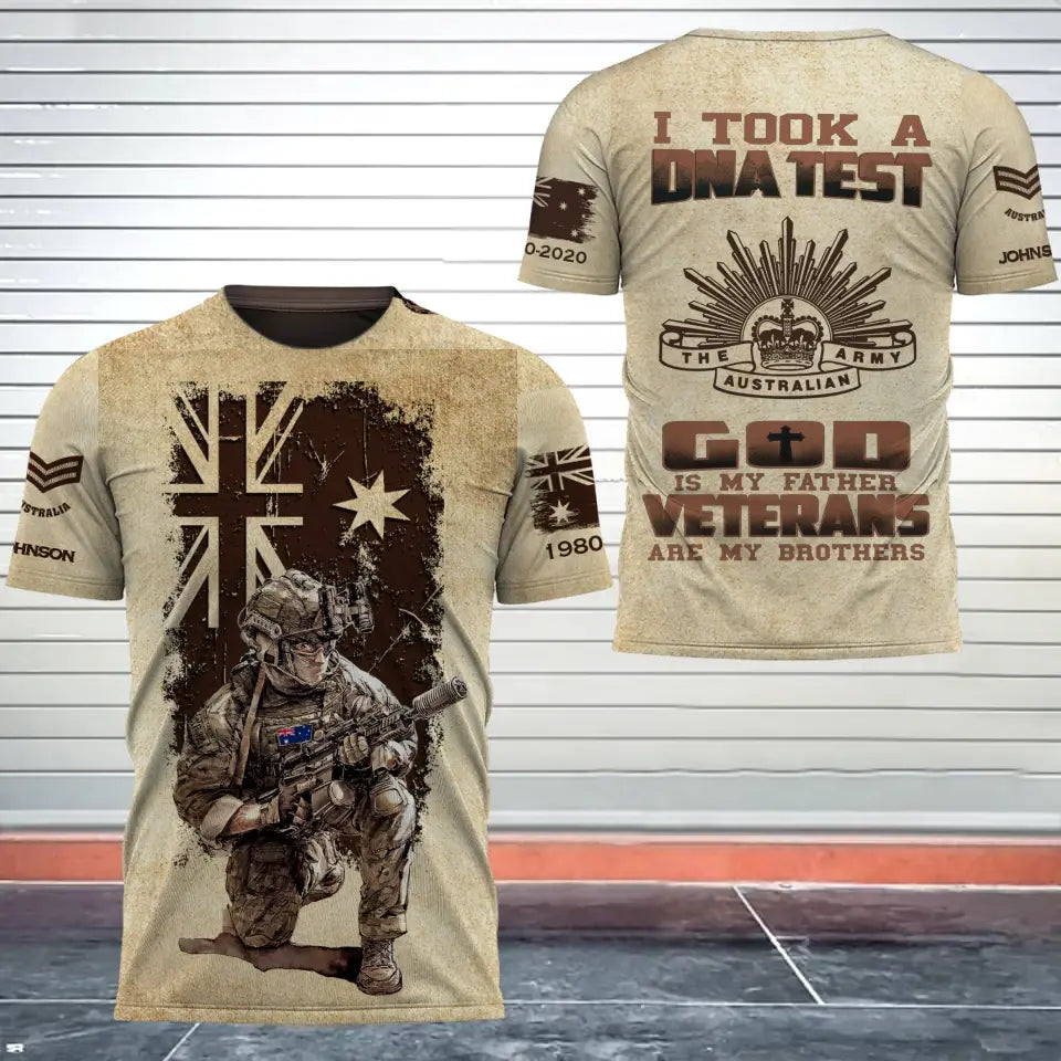 Personalized I Took A DNA Test God Is My Father Veterans Are My Brothers Australian Army Veteran 3D T-shirt Printed AHVQ241554
