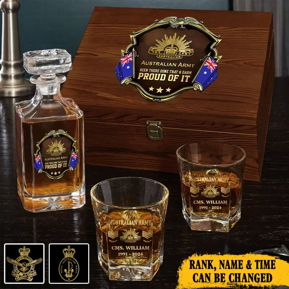 Personalized Australian Army Been There Done That & Darm Proud Of It Australian Veteran Rank Gold Decanter Set With Glasses Printed AHVA251595