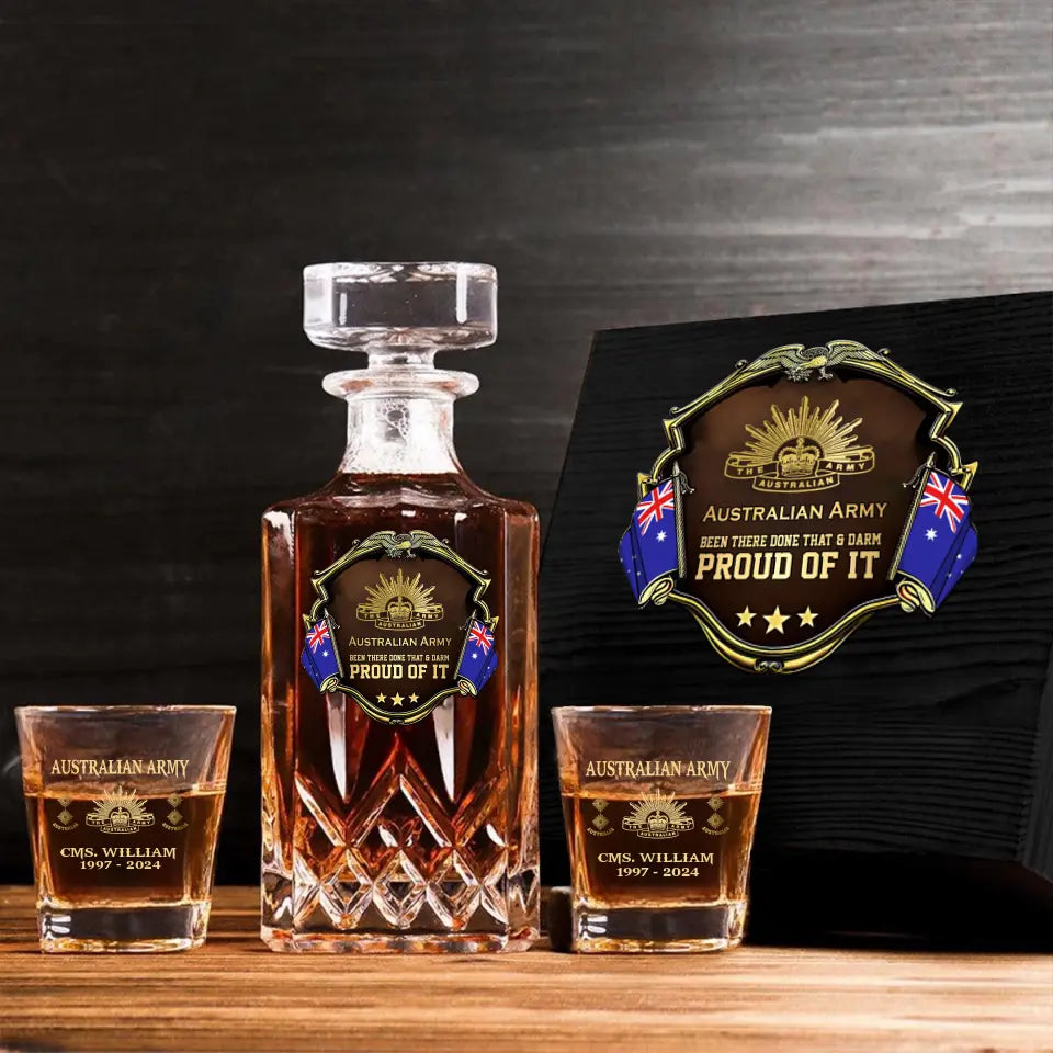 Personalized Australian Army Been There Done That & Darm Proud Of It Australian Veteran Rank Gold Decanter Set With Glasses Printed AHVA251595