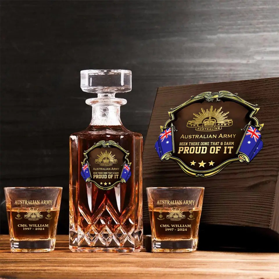 Personalized Australian Army Been There Done That & Darm Proud Of It Australian Veteran Rank Gold Decanter Set With Glasses Printed AHVA251595