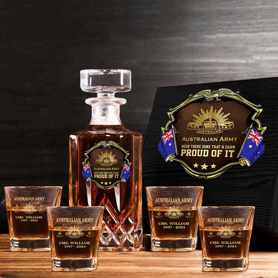 Personalized Australian Army Been There Done That & Darm Proud Of It Australian Veteran Rank Gold Decanter Set With Glasses Printed AHVA251595