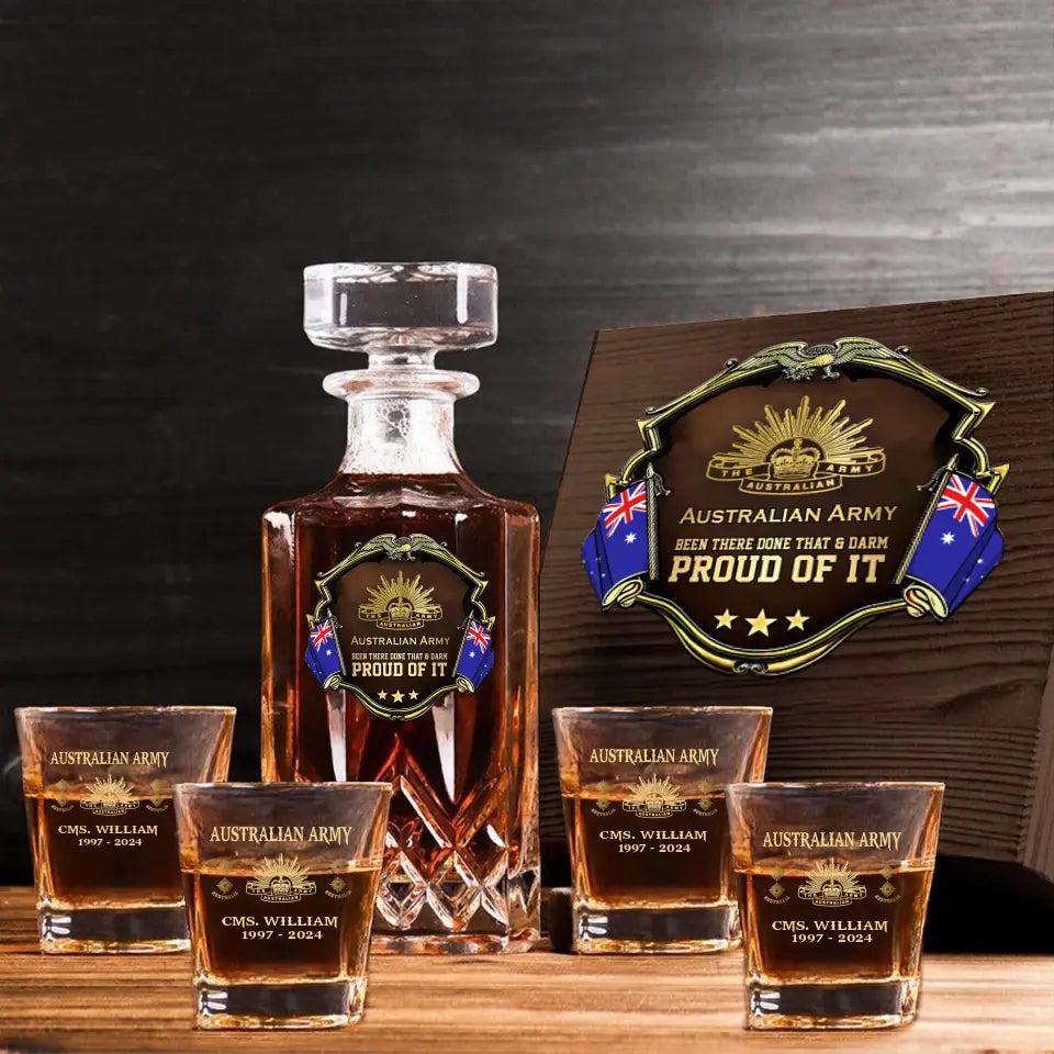 Personalized Australian Army Been There Done That & Darm Proud Of It Australian Veteran Rank Gold Decanter Set With Glasses Printed AHVA251595