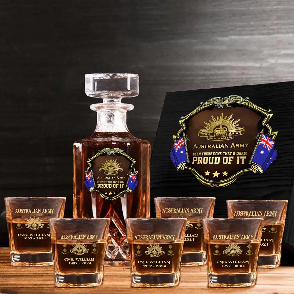 Personalized Australian Army Been There Done That & Darm Proud Of It Australian Veteran Rank Gold Decanter Set With Glasses Printed AHVA251595