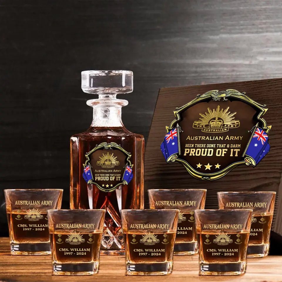 Personalized Australian Army Been There Done That & Darm Proud Of It Australian Veteran Rank Gold Decanter Set With Glasses Printed AHVA251595
