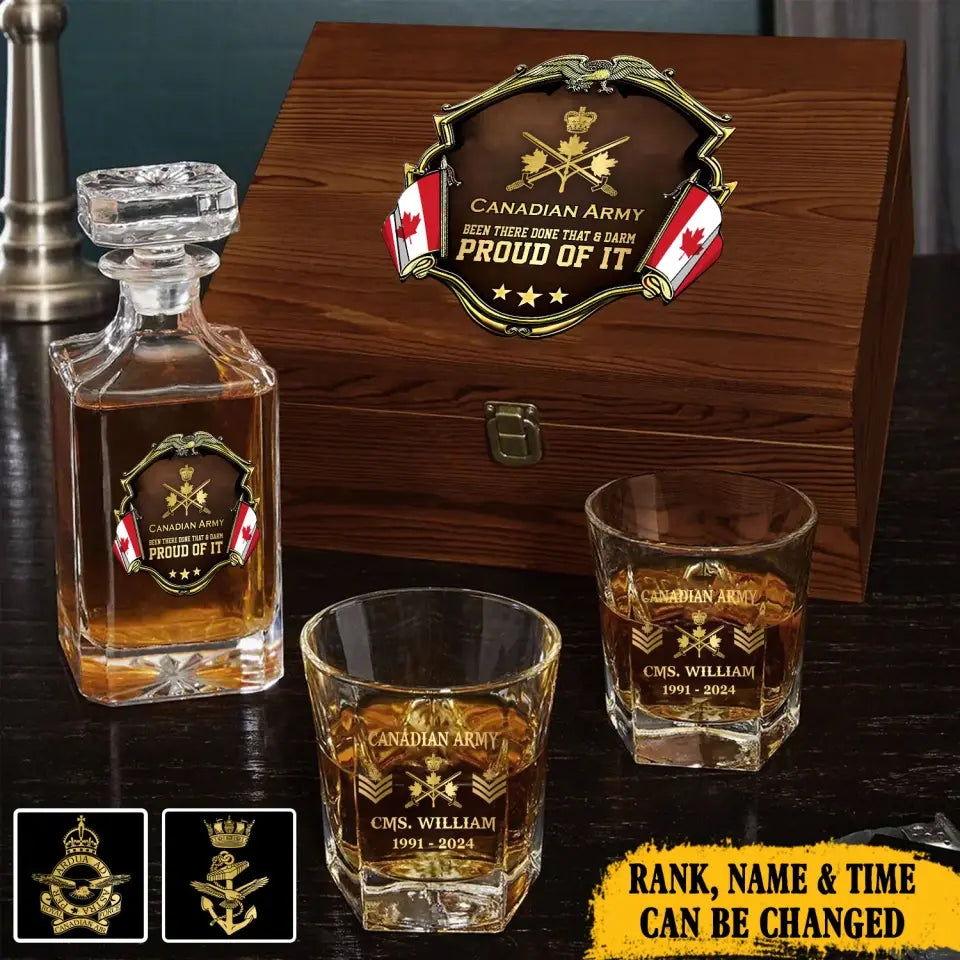 Personalized Canadian Army Been There Done That & Darm Proud Of It Canadian Veteran Rank Gold Decanter Set With Glasses Printed AHVA251595