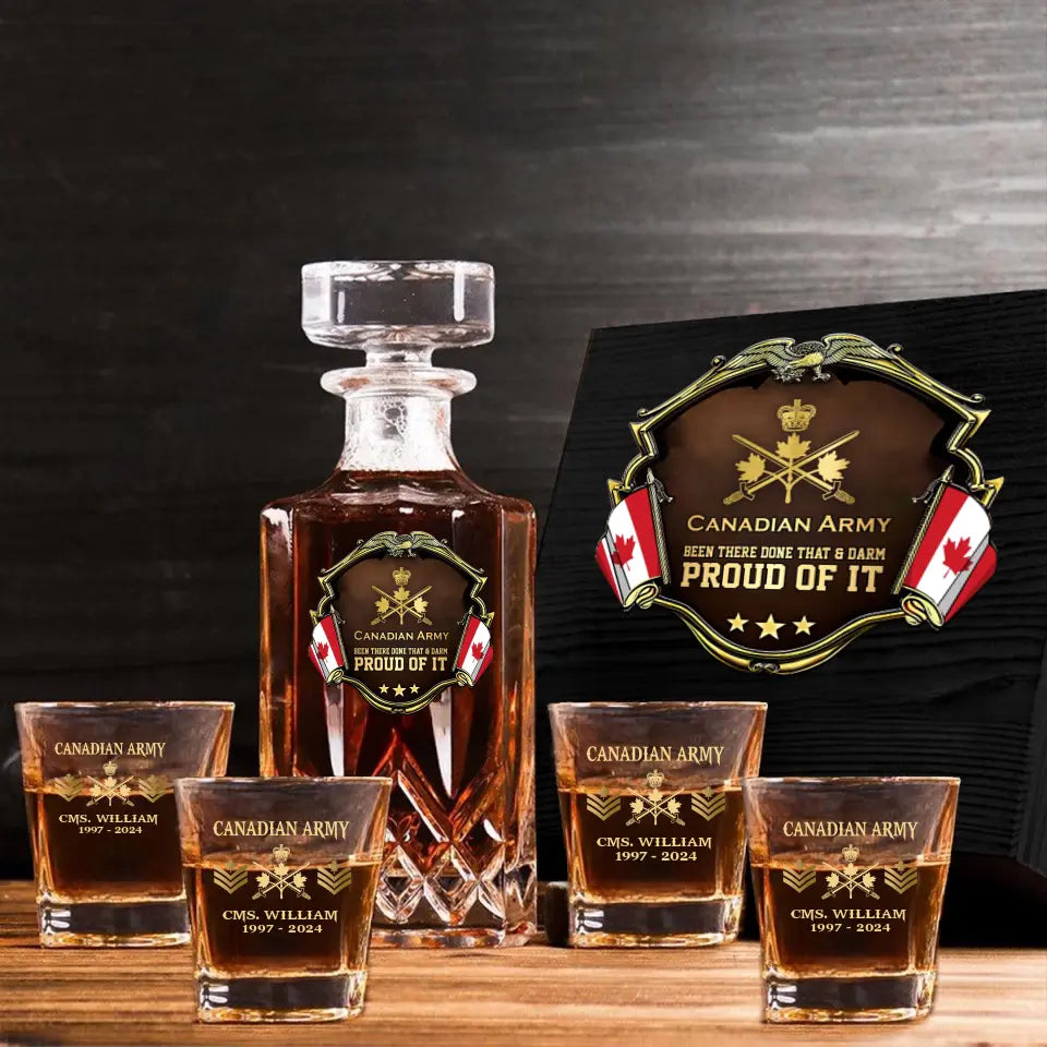 Personalized Canadian Army Been There Done That & Darm Proud Of It Canadian Veteran Rank Gold Decanter Set With Glasses Printed AHVA251595