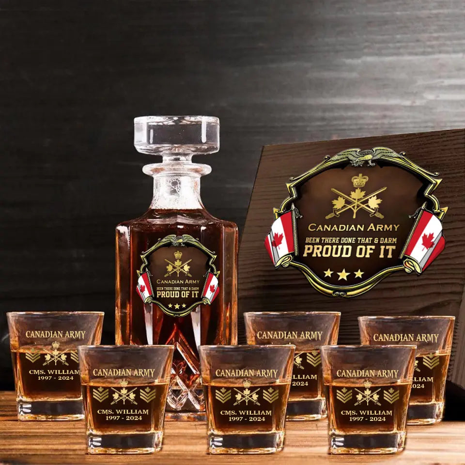Personalized Canadian Army Been There Done That & Darm Proud Of It Canadian Veteran Rank Gold Decanter Set With Glasses Printed AHVA251595