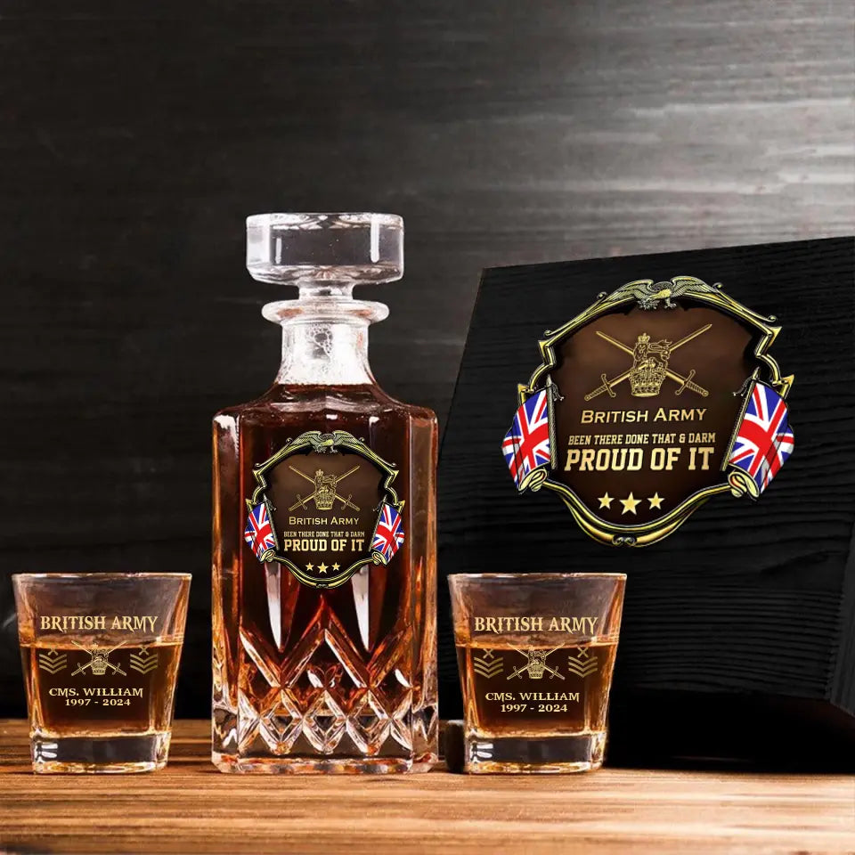 Personalized UK Army Been There Done That & Darm Proud Of It UK Veteran Rank Gold Decanter Set With Glasses Printed AHVA251595