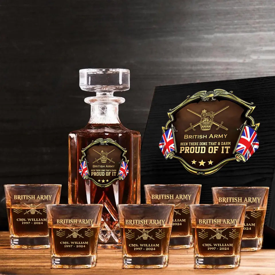 Personalized UK Army Been There Done That & Darm Proud Of It UK Veteran Rank Gold Decanter Set With Glasses Printed AHVA251595