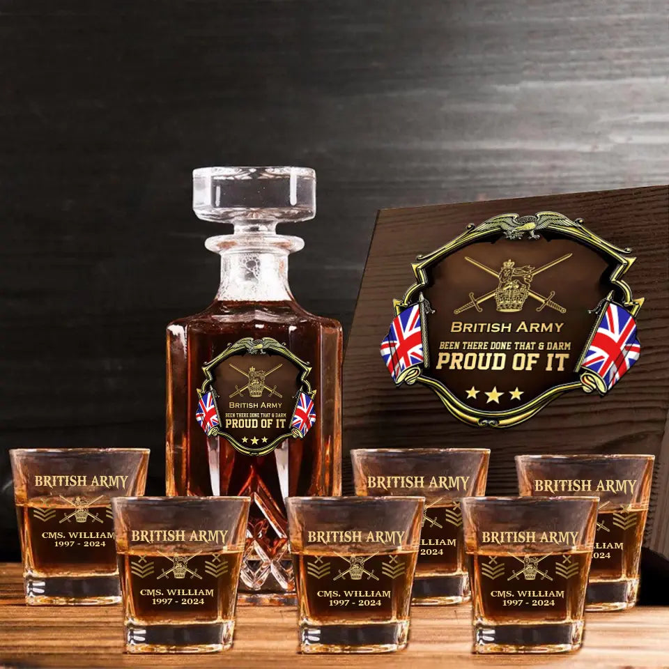Personalized UK Army Been There Done That & Darm Proud Of It UK Veteran Rank Gold Decanter Set With Glasses Printed AHVA251595