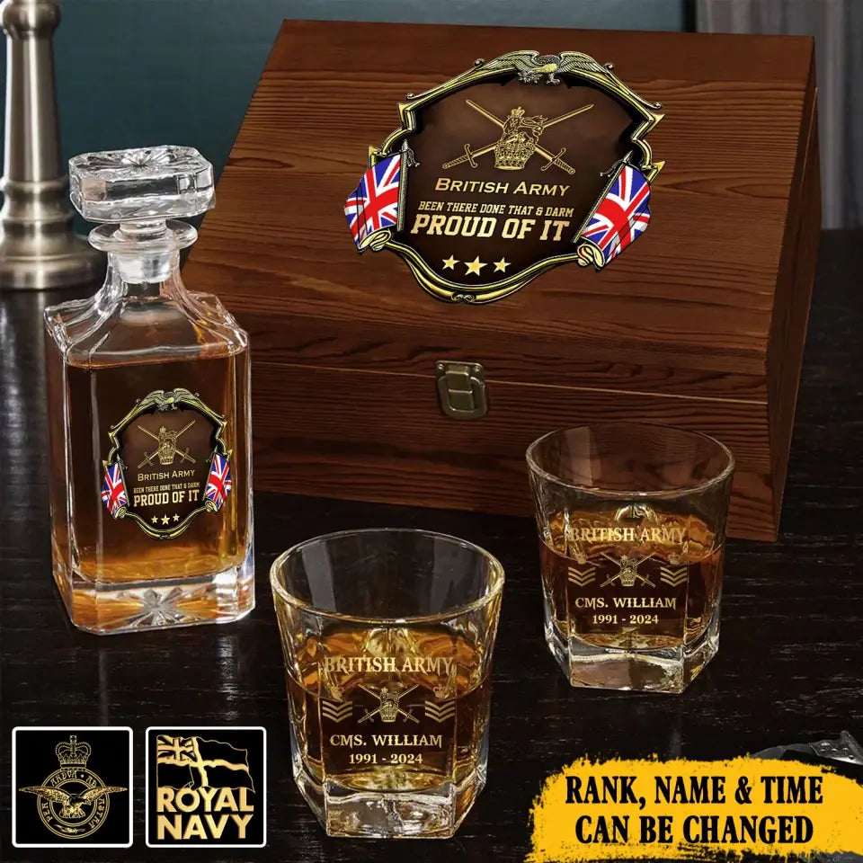 Personalized UK Army Been There Done That & Darm Proud Of It UK Veteran Rank Gold Decanter Set With Glasses Printed AHVA251595